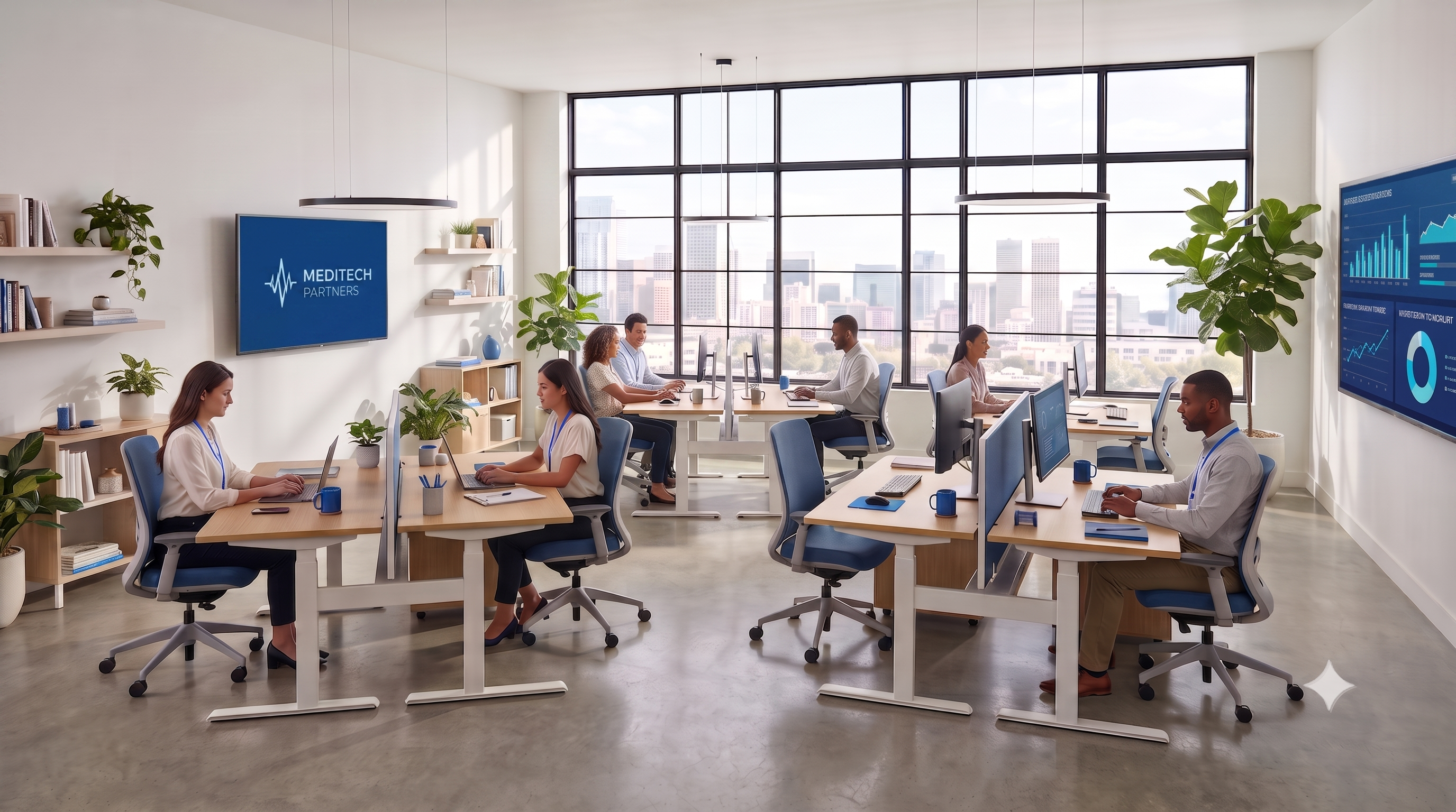 A team working together in a bright, plant-filled office with city views.