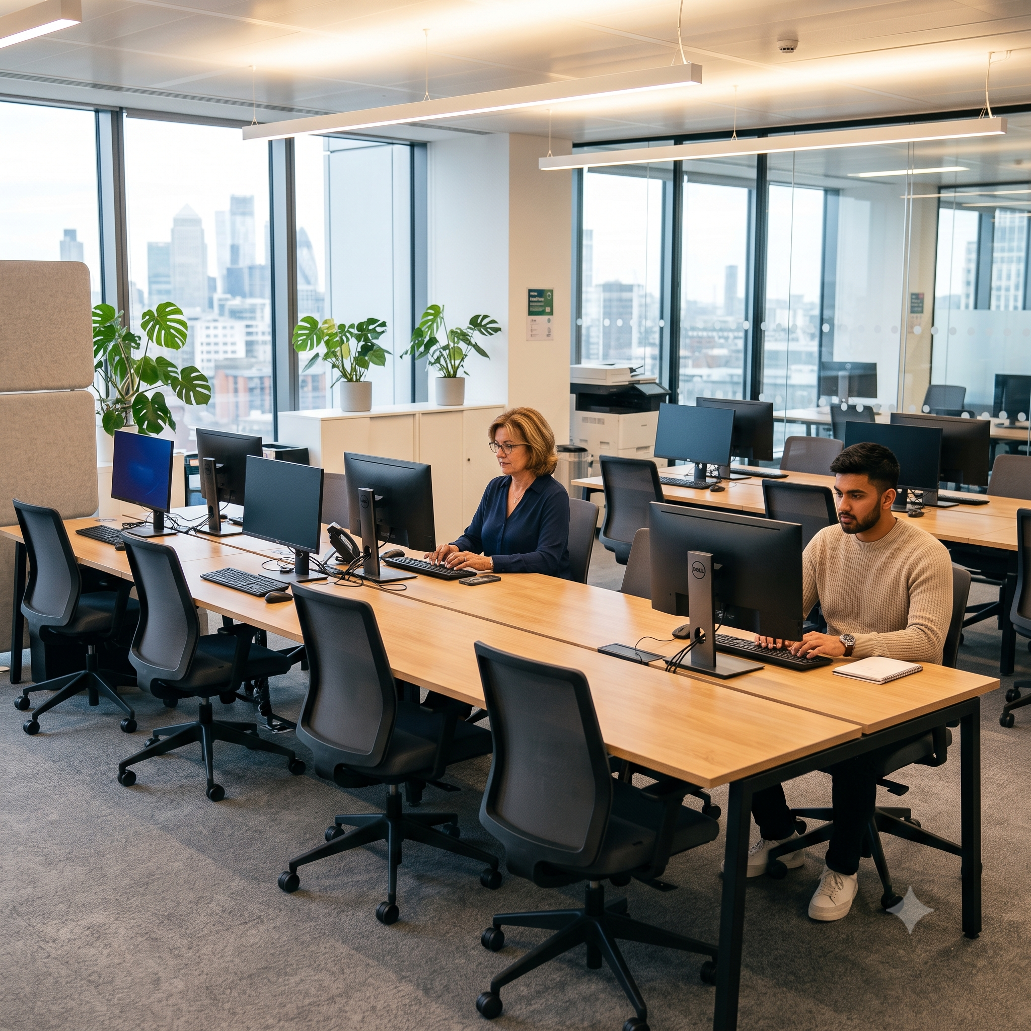 A modern office with many unused desks during a lightly attended workday.
