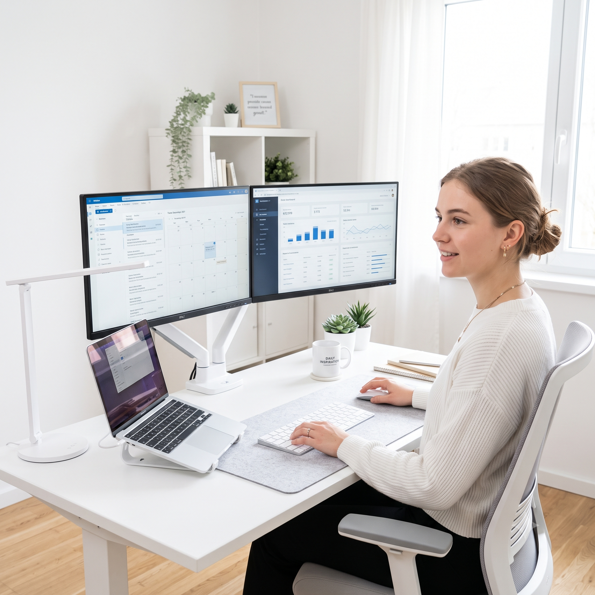 A person working from a bright home office with a laptop and dual monitors.